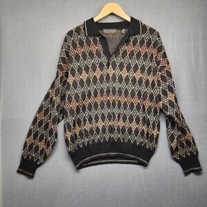 Vintage Brandini Sweater Mens Large Black Diamond Geometric Henley Wool Italy